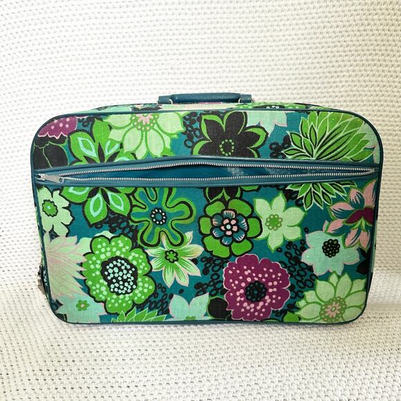 Vintage 60s Green Mod Groovy Floral Print 3 Piece Soft Shell Japan Suitcase Set - Picture 15 of 16